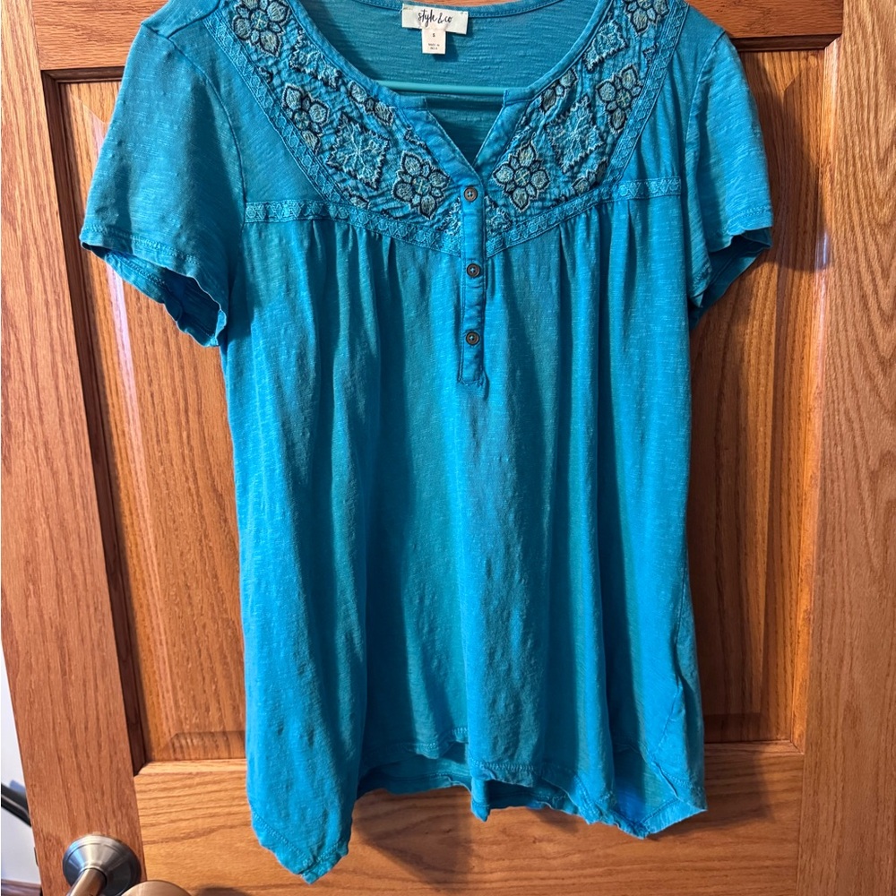 Style & Co. Teal Embroidered Blouse